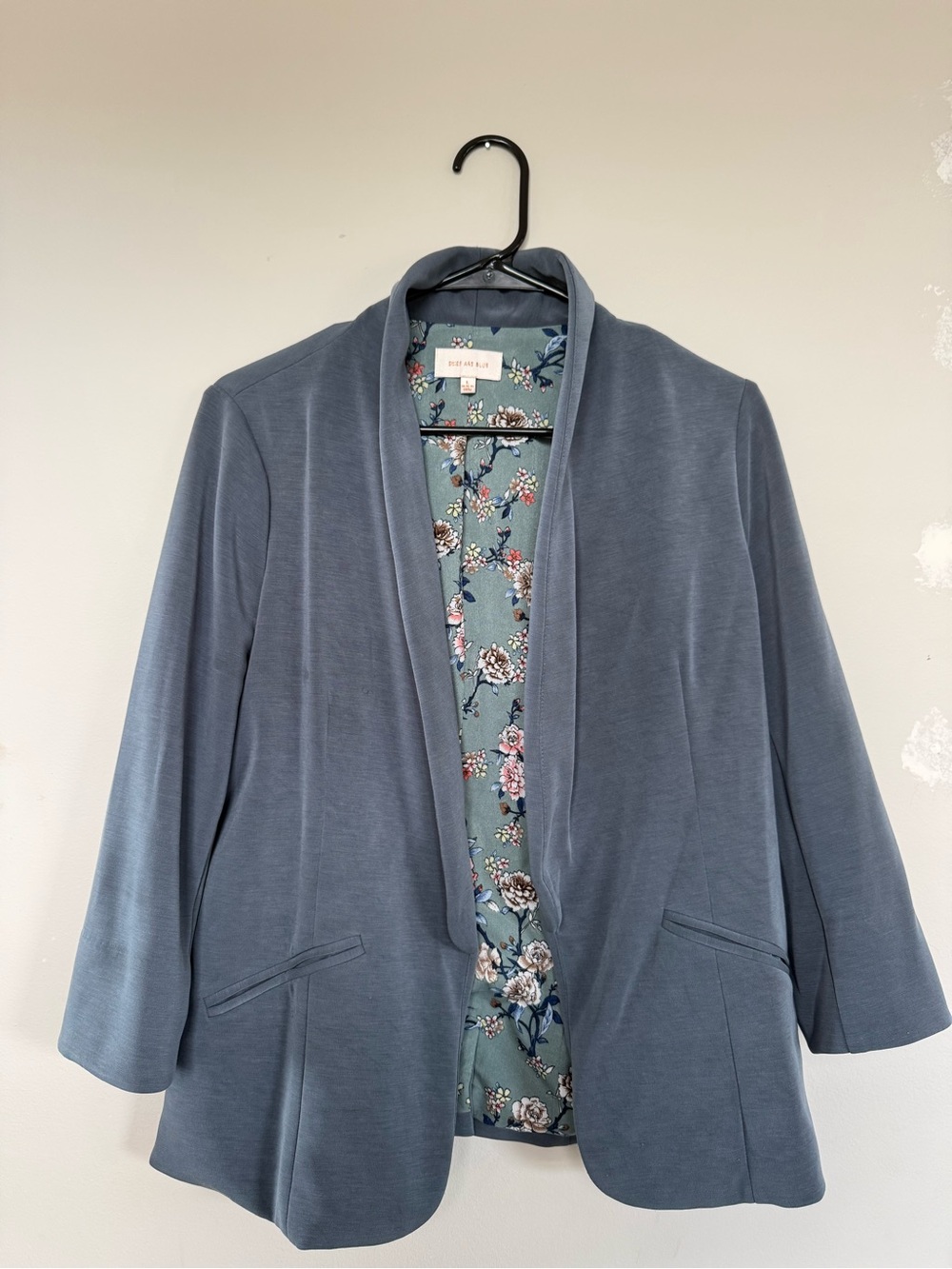 Skies Are Blue Dusty Blue Open Front Blazer with Floral Lining Size Large